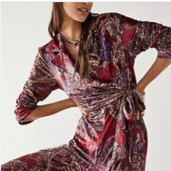 Free People Delphine Velvet Paisley Wine Jumpsuit Wide Leg One Piece. Large - Picture 5 of 7
